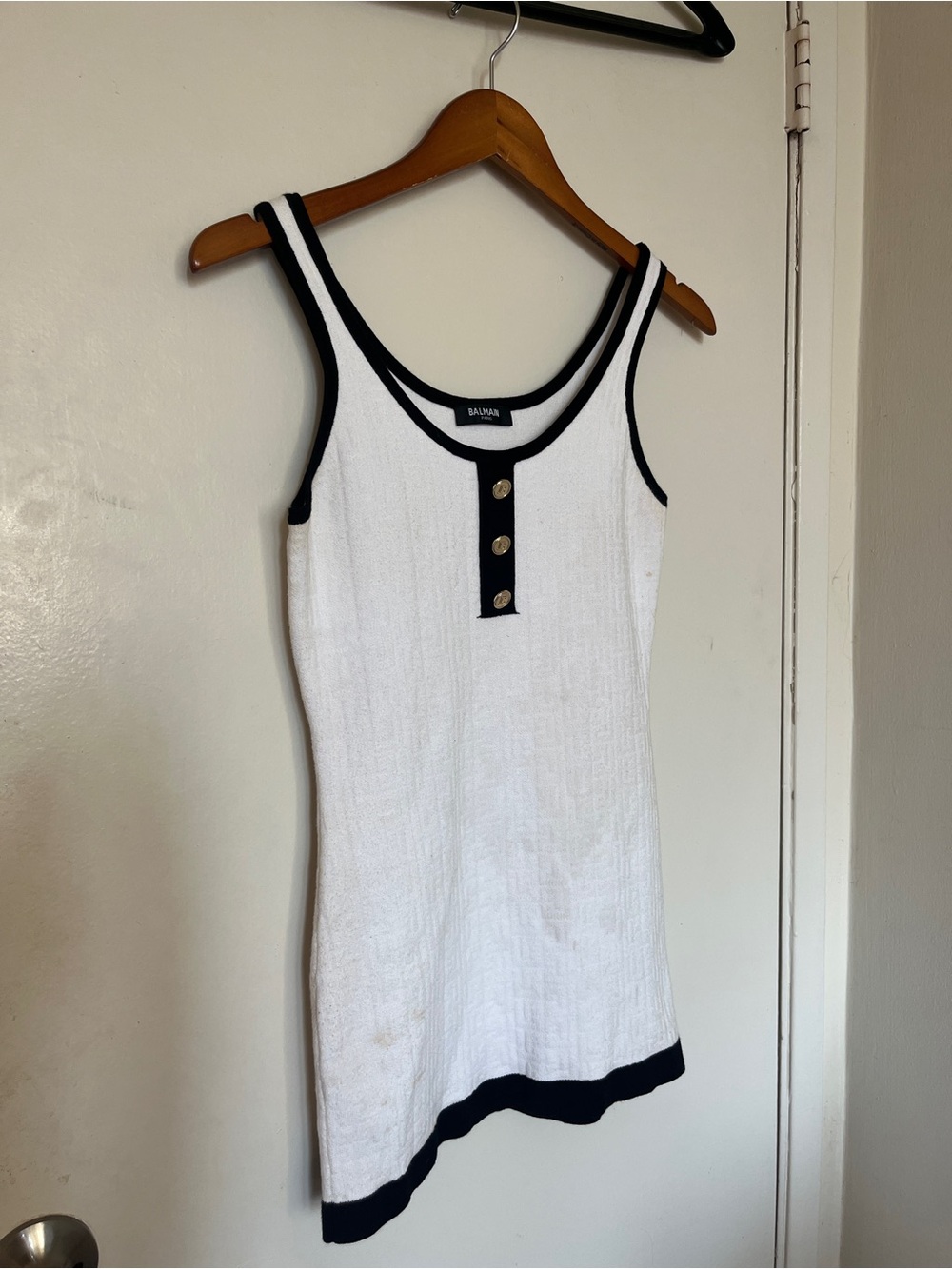 Balmain White Tank Top with Black Trim and Button Front